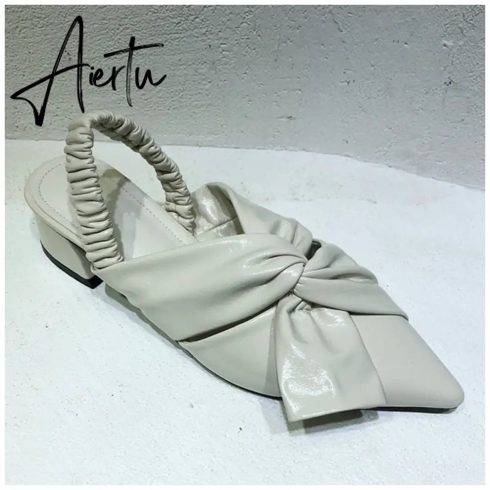 Aiertu Elegant Slingback Sandals Fashion Bow-knot Pointed Toe Square Low Heel Mule Shoes Party Dress Shoes Zapatillas Mujer Aiertu