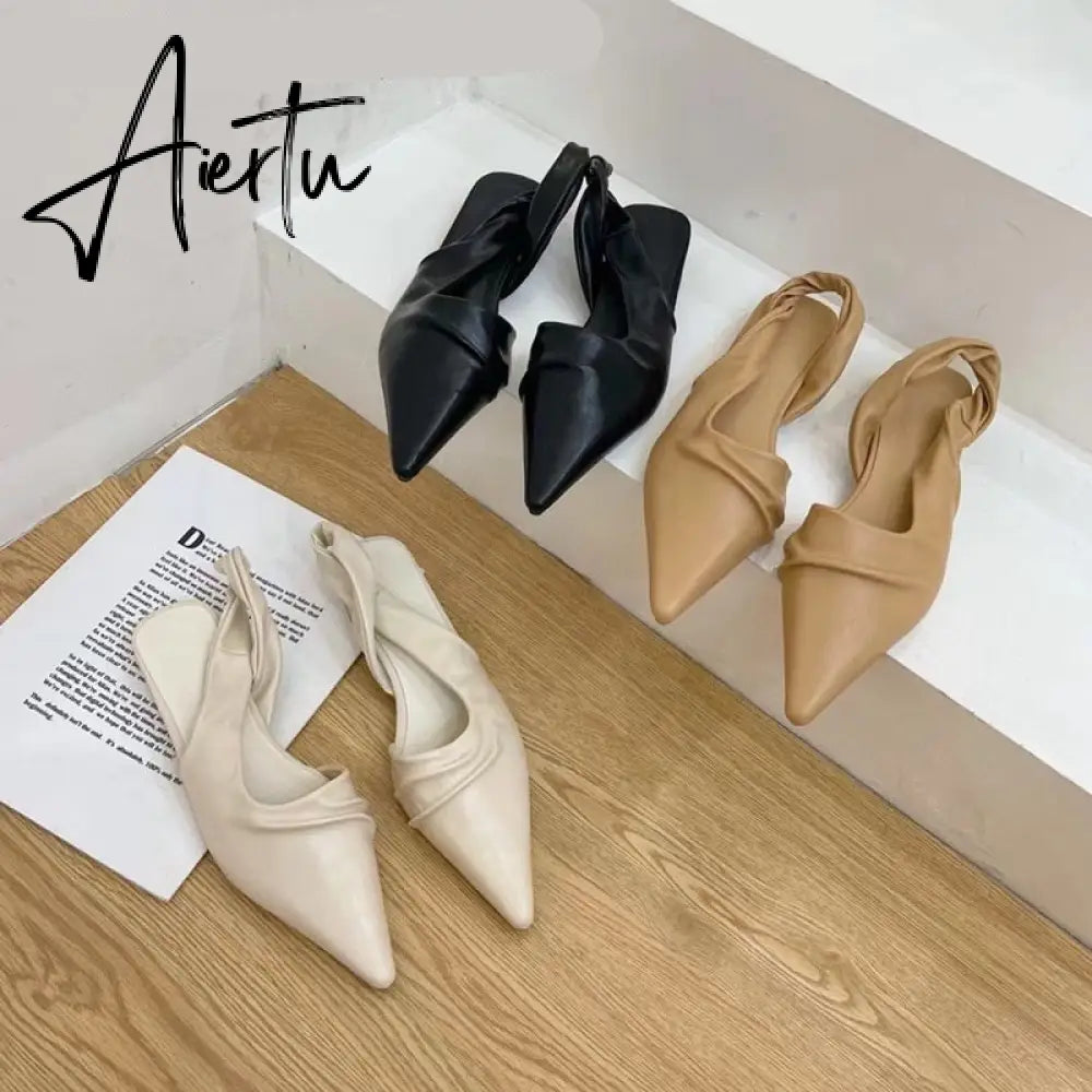 Aiertu  Elegant Slingback Sandals Women Pointed Toe Flat Mule Shoes Fashion Brand Pleated Slide Party Office Ladies Shoe Zapatillas Muje Aiertu