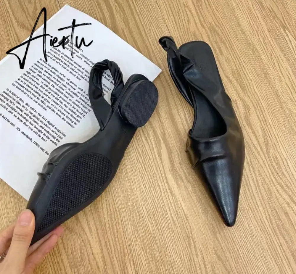 Aiertu  Elegant Slingback Sandals Women Pointed Toe Flat Mule Shoes Fashion Brand Pleated Slide Party Office Ladies Shoe Zapatillas Muje Aiertu