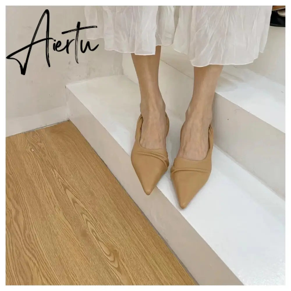 Aiertu  Elegant Slingback Sandals Women Pointed Toe Flat Mule Shoes Fashion Brand Pleated Slide Party Office Ladies Shoe Zapatillas Muje Aiertu