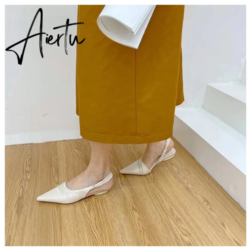 Aiertu  Elegant Slingback Sandals Women Pointed Toe Flat Mule Shoes Fashion Brand Pleated Slide Party Office Ladies Shoe Zapatillas Muje Aiertu