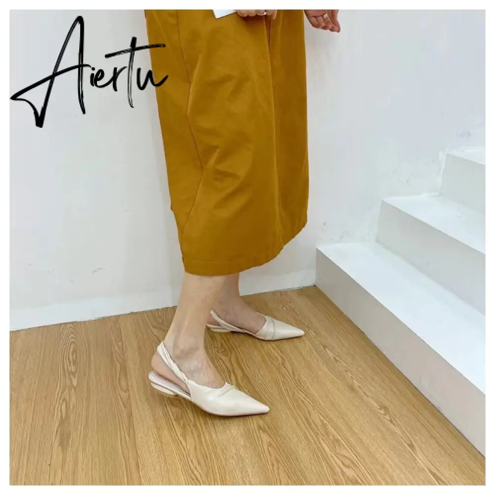 Aiertu  Elegant Slingback Sandals Women Pointed Toe Flat Mule Shoes Fashion Brand Pleated Slide Party Office Ladies Shoe Zapatillas Muje Aiertu