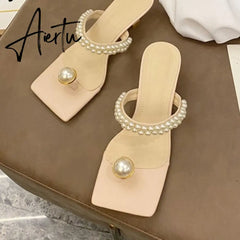 Aiertu Elegant Square Toe Woman Dress Shoes Fashion Low Heels Slippers Ladies New Design Pearl String Bead Strap Sandals Aiertu