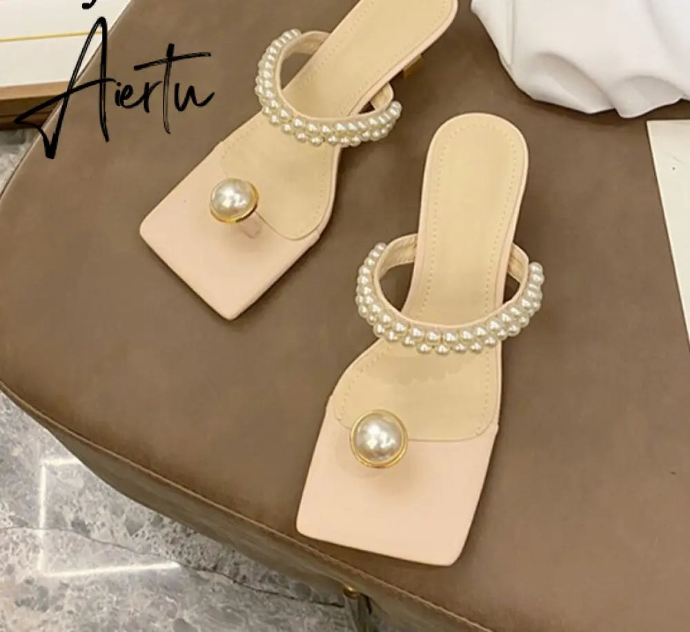 Aiertu Elegant Square Toe Woman Dress Shoes Fashion Low Heels Slippers Ladies New Design Pearl String Bead Strap Sandals Aiertu
