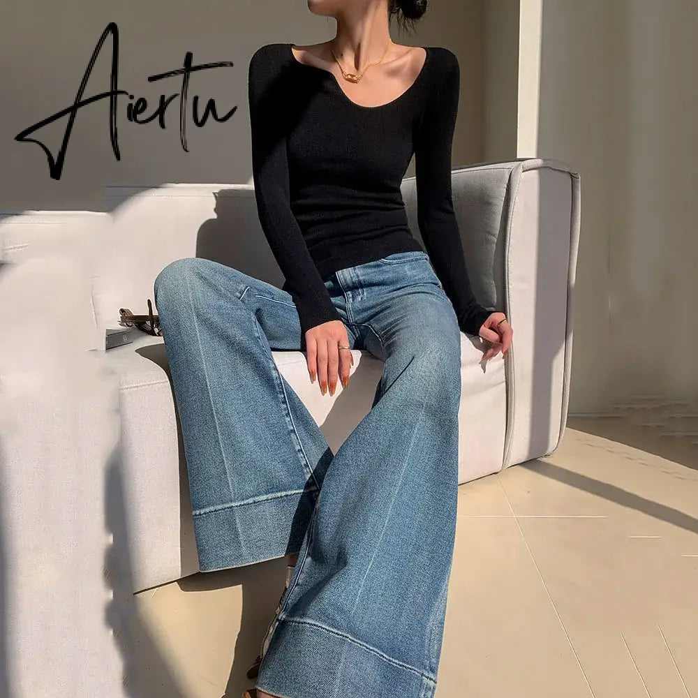 Aiertu Elegant Tall Girl Friendly Flared Jeans 90s Vintage Y2k Jeans Women Streetwear Korean Style Bootcut Pants High Waist Trousers Aiertu