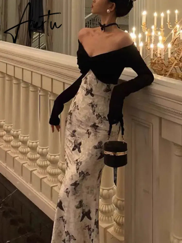 Aiertu Elegant Velvet Patchwork Midi Dress Women Autumn Winter V-neck Long Sleeve Butterfly Print Knitted Dress Party Female Robe New Aiertu