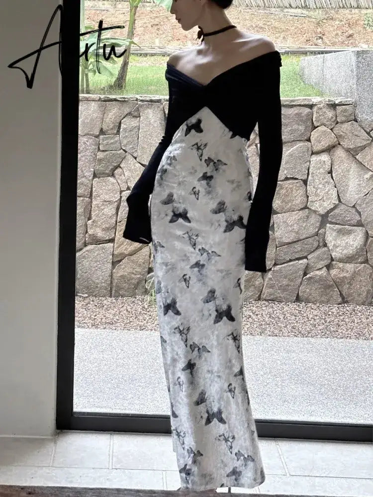 Aiertu Elegant Velvet Patchwork Midi Dress Women Autumn Winter V-neck Long Sleeve Butterfly Print Knitted Dress Party Female Robe New Aiertu