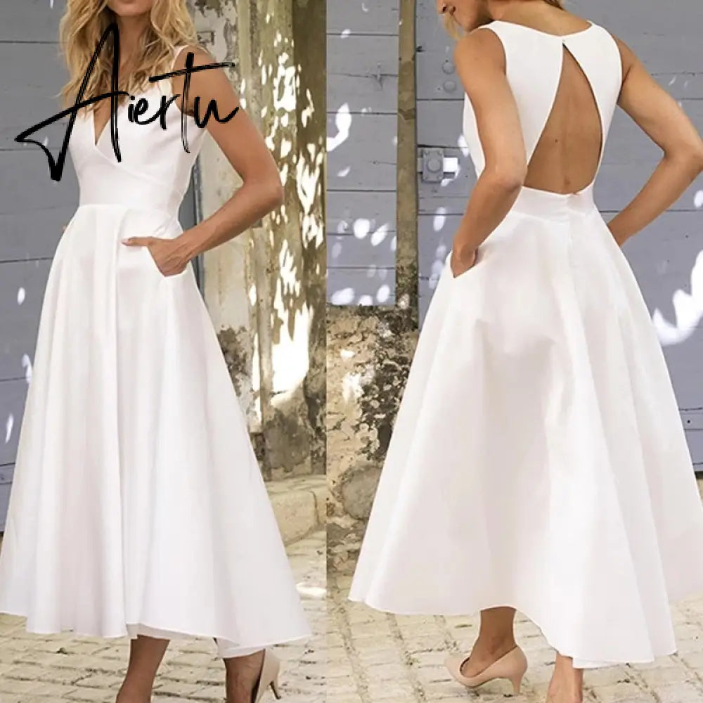 Aiertu  Elegant White Dresses For Women Clothes Summer Backless Sexy Dress Party And Wedding Fashion Lady Black Dress Femme Vestido Aiertu