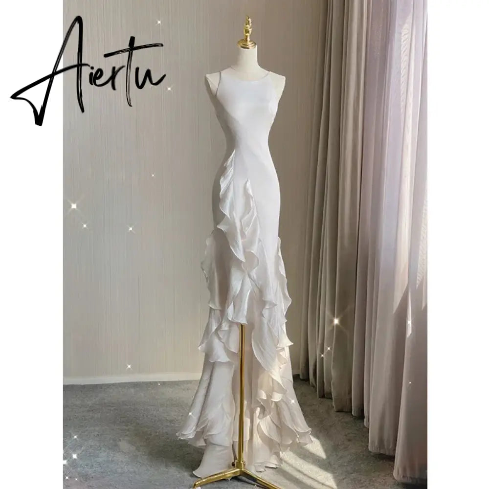 Aiertu Elegant White Round Neck Slim Fit Sleeveless Women Wedding Dress Evening Party Gown with Ruffles Vestidos De Novia Aiertu