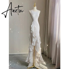 Aiertu Elegant White Round Neck Slim Fit Sleeveless Women Wedding Dress Evening Party Gown with Ruffles Vestidos De Novia Aiertu