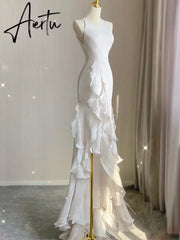 Aiertu Elegant White Round Neck Slim Fit Sleeveless Women Wedding Dress Evening Party Gown with Ruffles Vestidos De Novia Aiertu