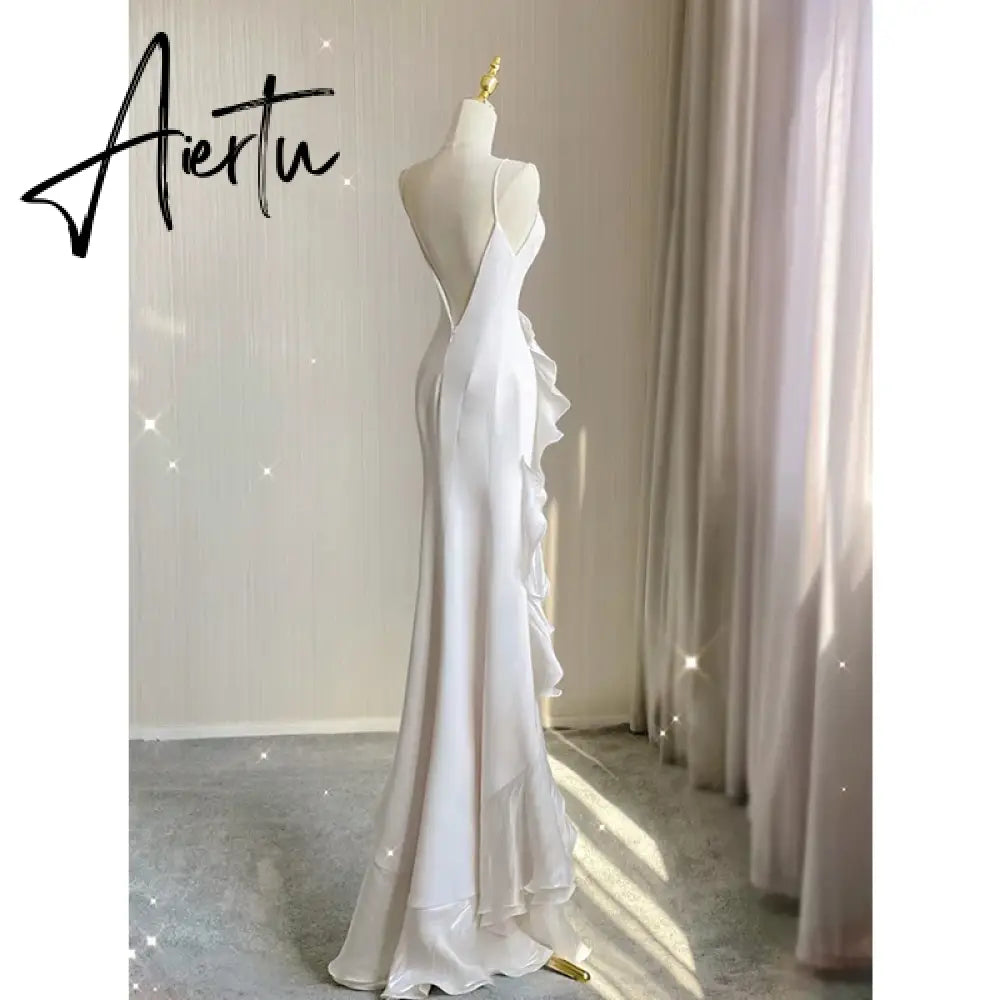 Aiertu Elegant White Round Neck Slim Fit Sleeveless Women Wedding Dress Evening Party Gown with Ruffles Vestidos De Novia Aiertu