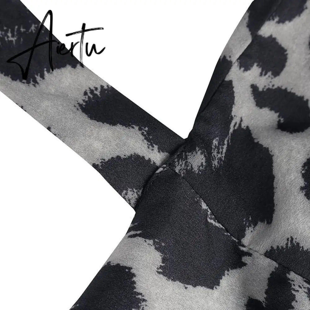 Aiertu Elegant Women Blouse Summer Sexy V-Neck Leopard Print Tunic Shirt Belted Office Fashion Top Ruffles Blusas Femininas Aiertu