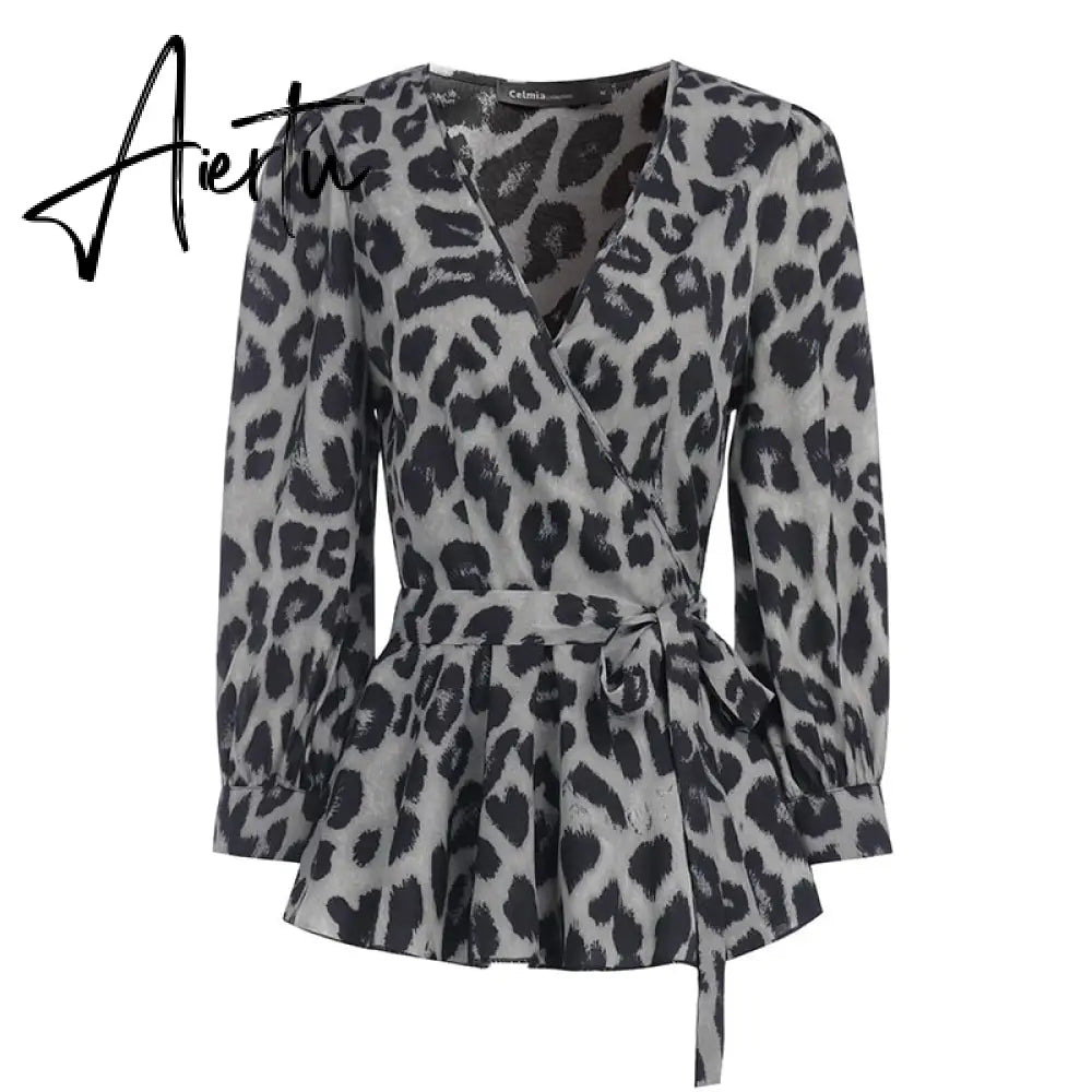 Aiertu Elegant Women Blouse Summer Sexy V-Neck Leopard Print Tunic Shirt Belted Office Fashion Top Ruffles Blusas Femininas Aiertu