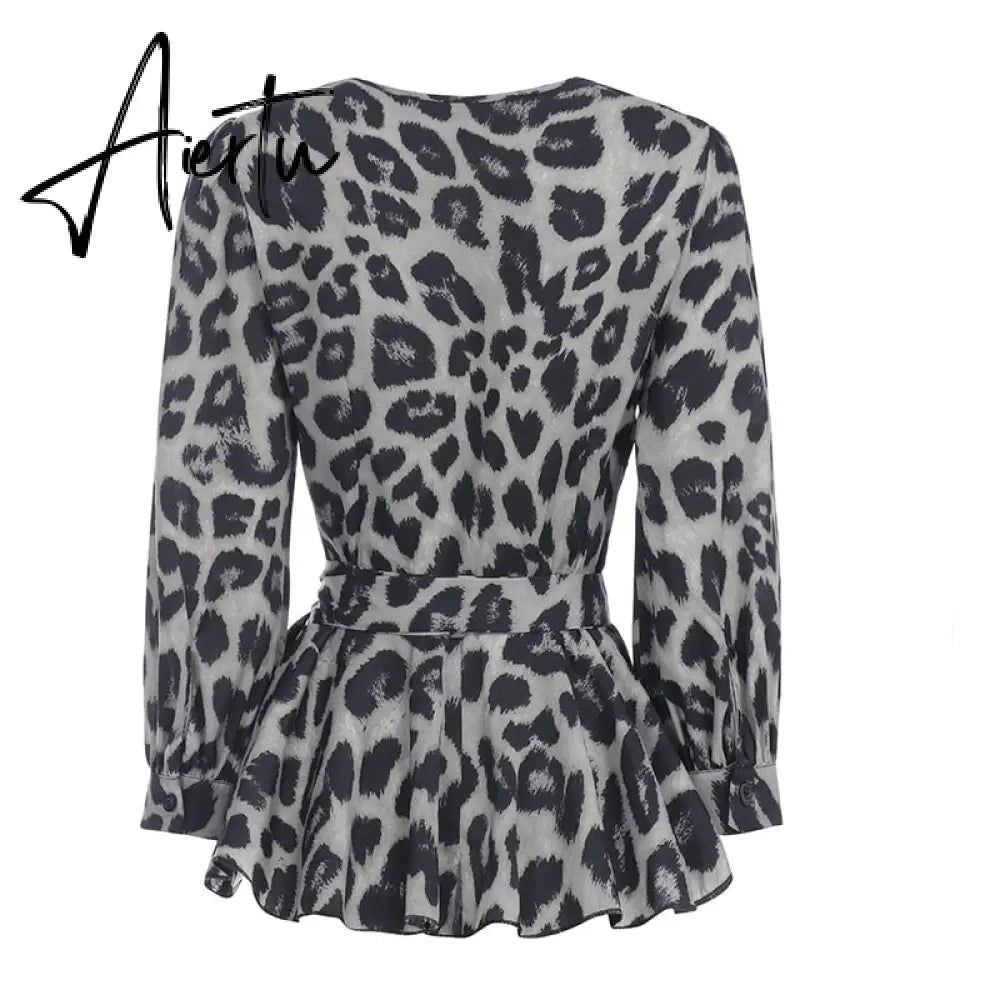 Aiertu Elegant Women Blouse Summer Sexy V-Neck Leopard Print Tunic Shirt Belted Office Fashion Top Ruffles Blusas Femininas Aiertu