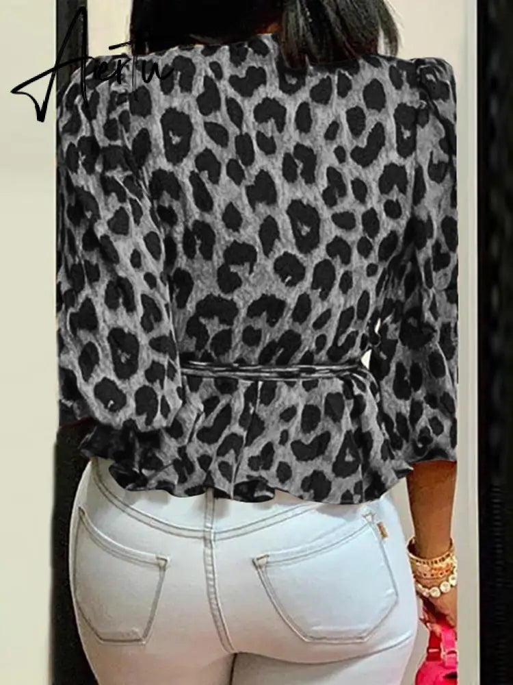 Aiertu Elegant Women Blouse Summer Sexy V-Neck Leopard Print Tunic Shirt Belted Office Fashion Top Ruffles Blusas Femininas Aiertu