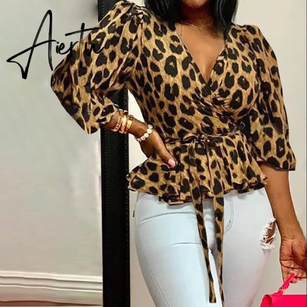 Aiertu Elegant Women Blouse Summer Sexy V-Neck Leopard Print Tunic Shirt Belted Office Fashion Top Ruffles Blusas Femininas Aiertu