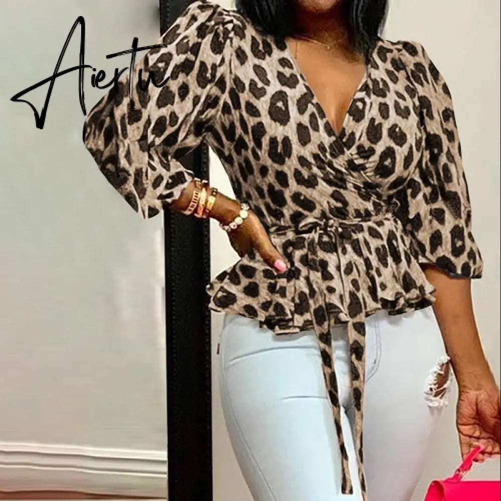 Aiertu Elegant Women Blouse Summer Sexy V-Neck Leopard Print Tunic Shirt Belted Office Fashion Top Ruffles Blusas Femininas Aiertu