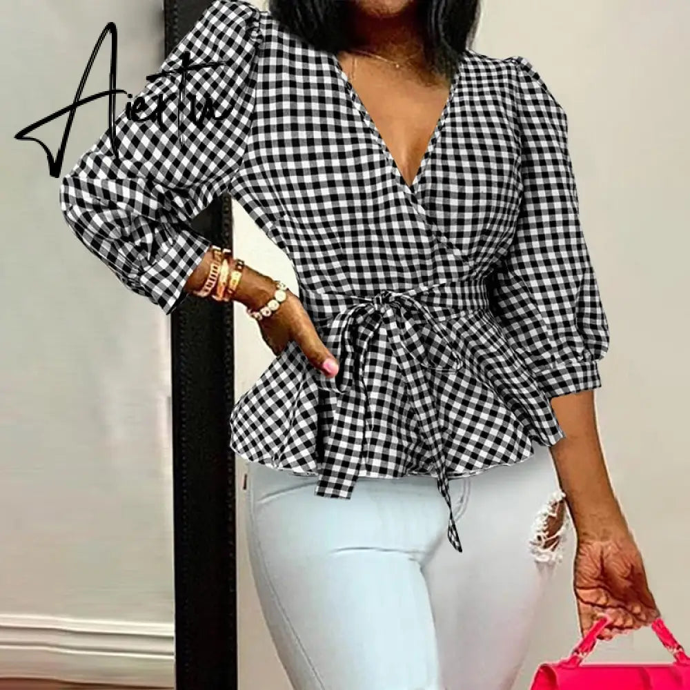 Aiertu Elegant Women Blouse Summer Sexy V-Neck Leopard Print Tunic Shirt Belted Office Fashion Top Ruffles Blusas Femininas Aiertu