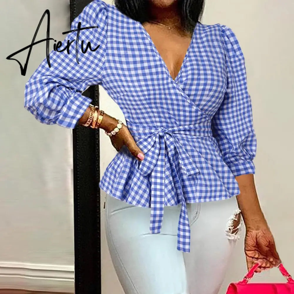 Aiertu Elegant Women Blouse Summer Sexy V-Neck Leopard Print Tunic Shirt Belted Office Fashion Top Ruffles Blusas Femininas Aiertu