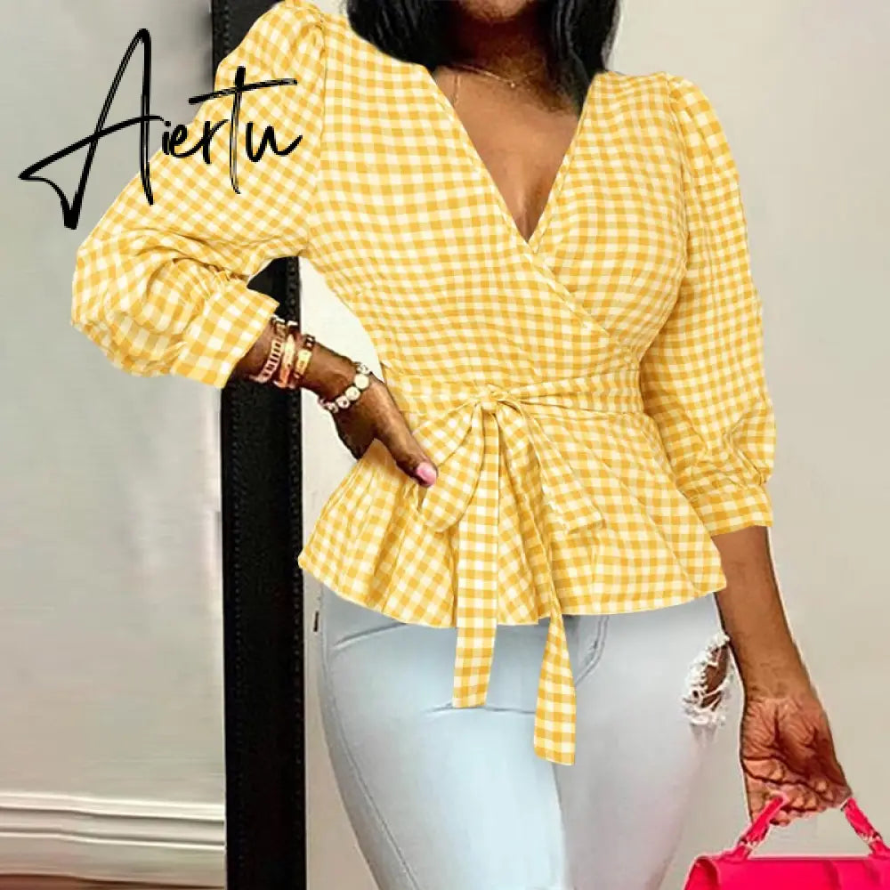 Aiertu Elegant Women Blouse Summer Sexy V-Neck Leopard Print Tunic Shirt Belted Office Fashion Top Ruffles Blusas Femininas Aiertu