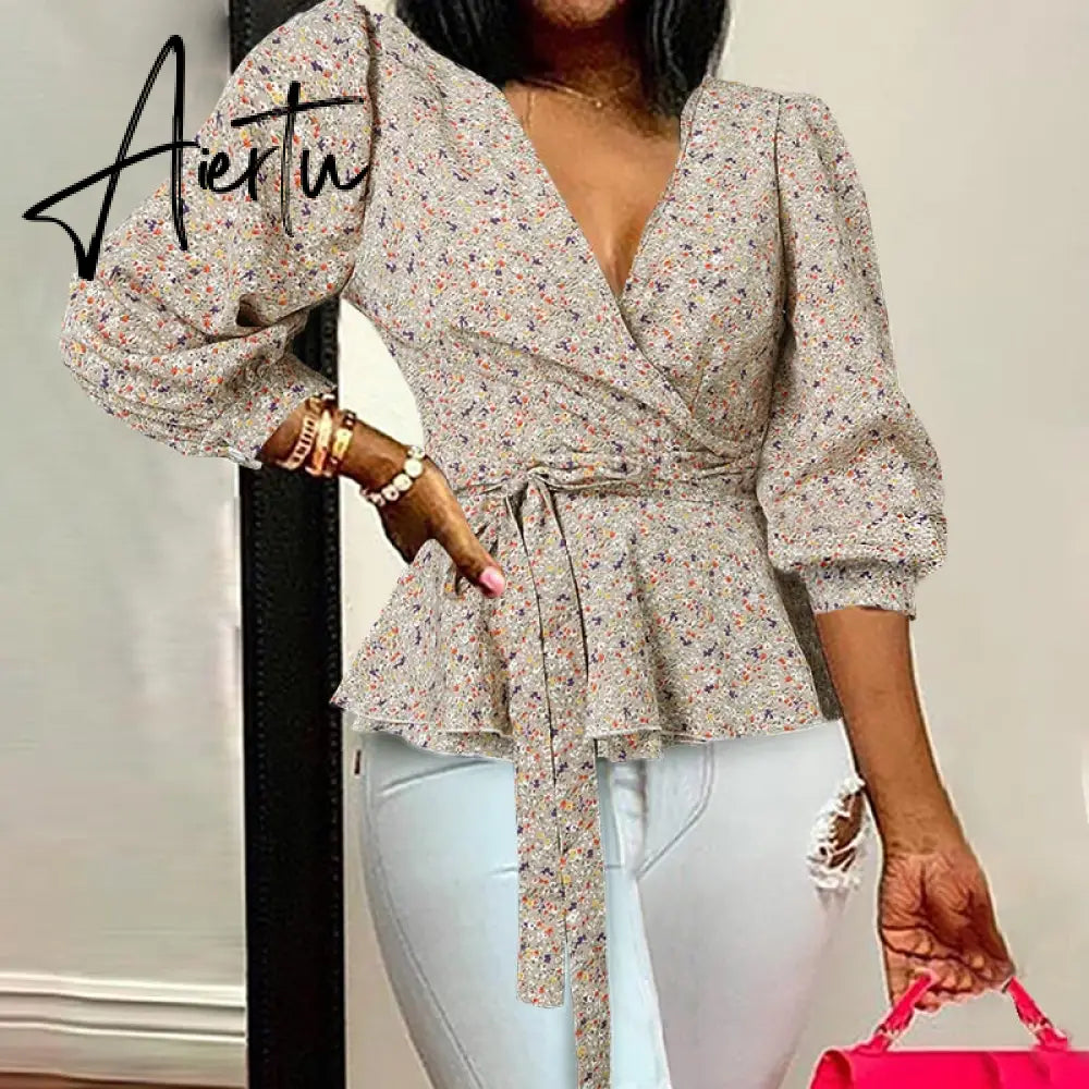 Aiertu Elegant Women Blouse Summer Sexy V-Neck Leopard Print Tunic Shirt Belted Office Fashion Top Ruffles Blusas Femininas Aiertu
