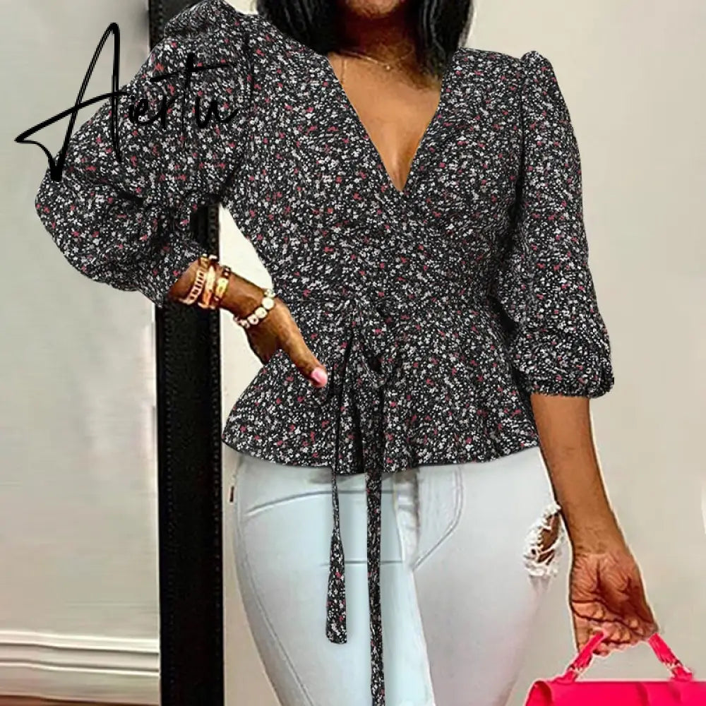 Aiertu Elegant Women Blouse Summer Sexy V-Neck Leopard Print Tunic Shirt Belted Office Fashion Top Ruffles Blusas Femininas Aiertu