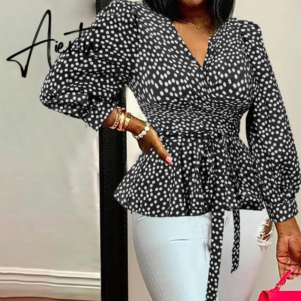 Aiertu Elegant Women Blouse Summer Sexy V-Neck Leopard Print Tunic Shirt Belted Office Fashion Top Ruffles Blusas Femininas Aiertu