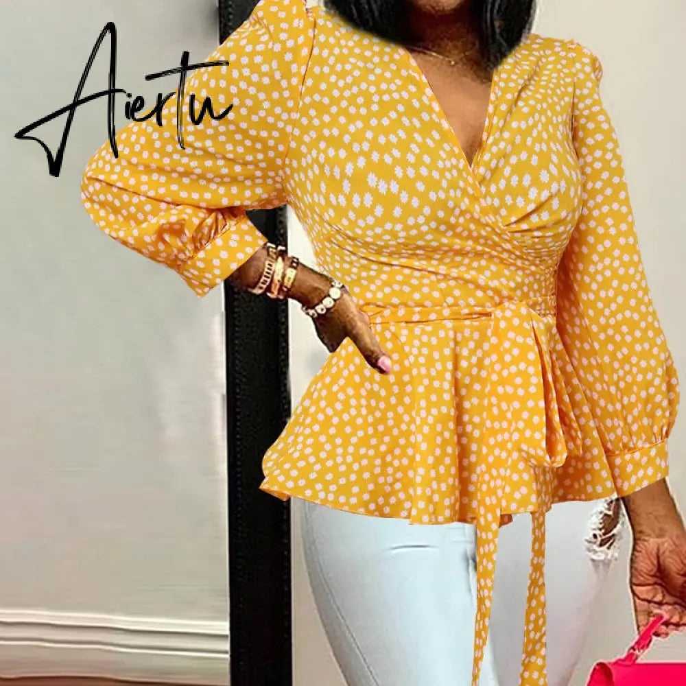 Aiertu Elegant Women Blouse Summer Sexy V-Neck Leopard Print Tunic Shirt Belted Office Fashion Top Ruffles Blusas Femininas Aiertu
