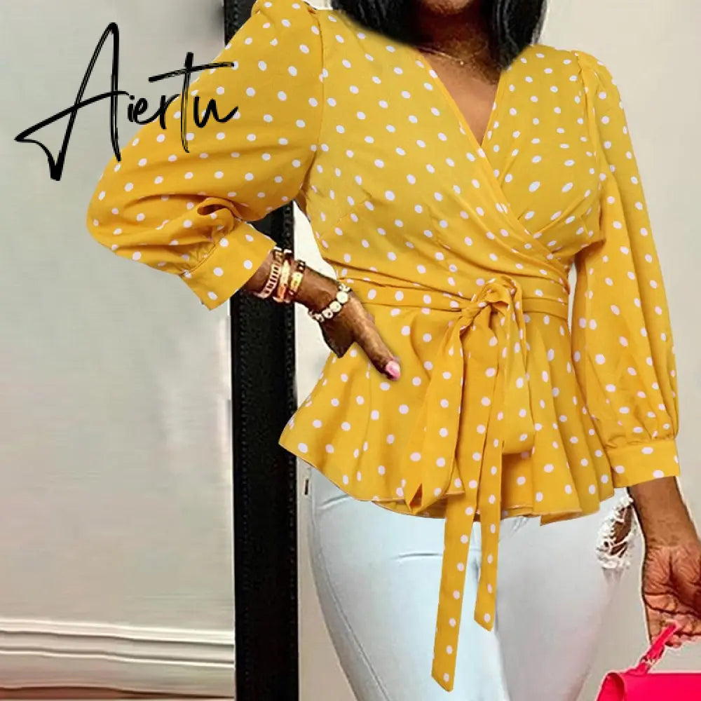 Aiertu Elegant Women Blouse Summer Sexy V-Neck Leopard Print Tunic Shirt Belted Office Fashion Top Ruffles Blusas Femininas Aiertu