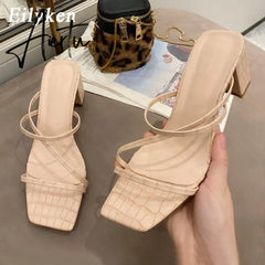 Aiertu Elegant Women Dress Shoes Summer Outdoor Beach Clip Toe Narrow Band Square Heels Slippers Fashion Peep Toe Sandalen Aiertu