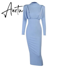 Aiertu Elegant Women Dress Stand Collar Slim Waist Solid Blue Ankle Length Autumn Long Sleeve Casual Party Dress Fashion Aiertu