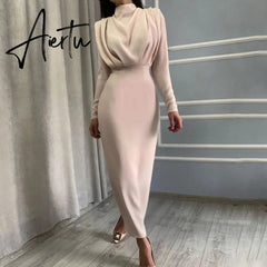 Aiertu Elegant Women Dress Stand Collar Slim Waist Solid Blue Ankle Length Autumn Long Sleeve Casual Party Dress Fashion Aiertu