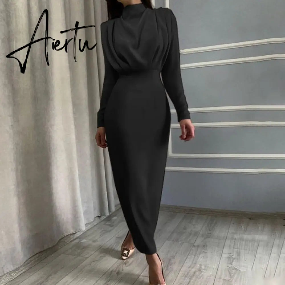 Aiertu Elegant Women Dress Stand Collar Slim Waist Solid Blue Ankle Length Autumn Long Sleeve Casual Party Dress Fashion Aiertu