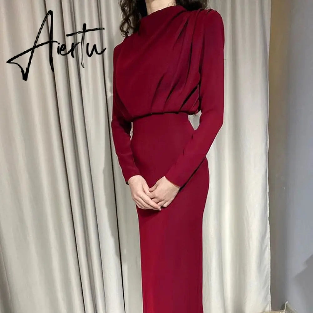 Aiertu Elegant Women Dress Stand Collar Slim Waist Solid Blue Ankle Length Autumn Long Sleeve Casual Party Dress Fashion Aiertu