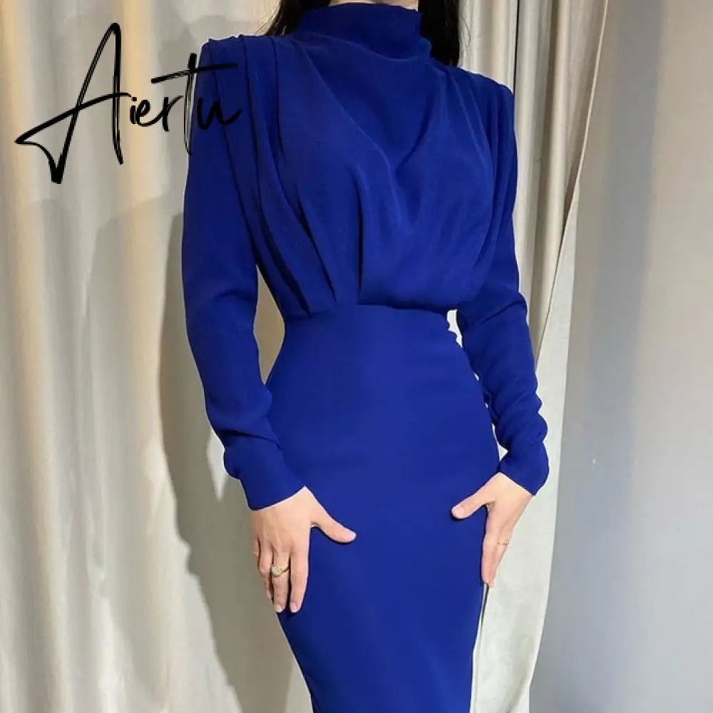 Aiertu Elegant Women Dress Stand Collar Slim Waist Solid Blue Ankle Length Autumn Long Sleeve Casual Party Dress Fashion Aiertu