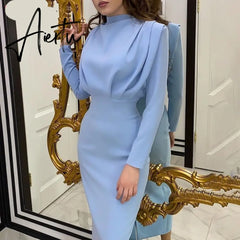 Aiertu Elegant Women Dress Stand Collar Slim Waist Solid Blue Ankle Length Autumn Long Sleeve Casual Party Dress Fashion Aiertu