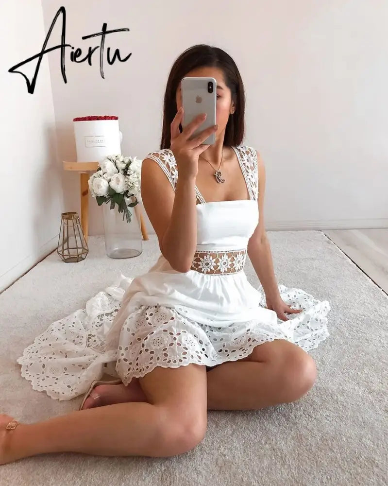 Aiertu  Elegant Women's Dress Stitching Hollow Suspender Dresses Summer Women's Clothing  Solid Color Sleeveless Sexy Lace Dress Aiertu