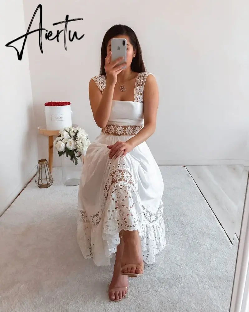 Aiertu  Elegant Women's Dress Stitching Hollow Suspender Dresses Summer Women's Clothing  Solid Color Sleeveless Sexy Lace Dress Aiertu
