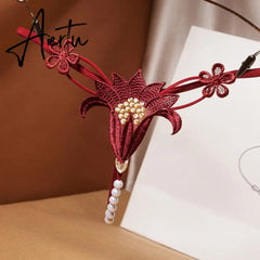 Aiertu Embroidery Flower Massage Beads G-String Women T Panties Beautiful Sexy Mini Buttocks Low Rise Whore Thong Briefs Lingeries Aiertu