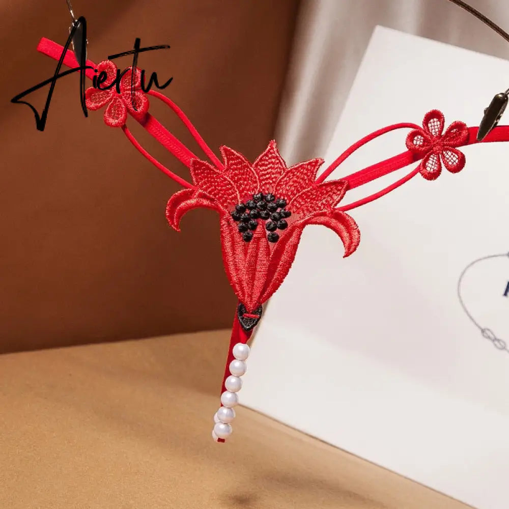 Aiertu Embroidery Flower Massage Beads G-String Women T Panties Beautiful Sexy Mini Buttocks Low Rise Whore Thong Briefs Lingeries Aiertu