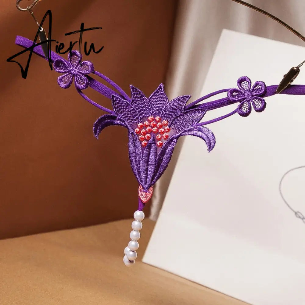 Aiertu Embroidery Flower Massage Beads G-String Women T Panties Beautiful Sexy Mini Buttocks Low Rise Whore Thong Briefs Lingeries Aiertu
