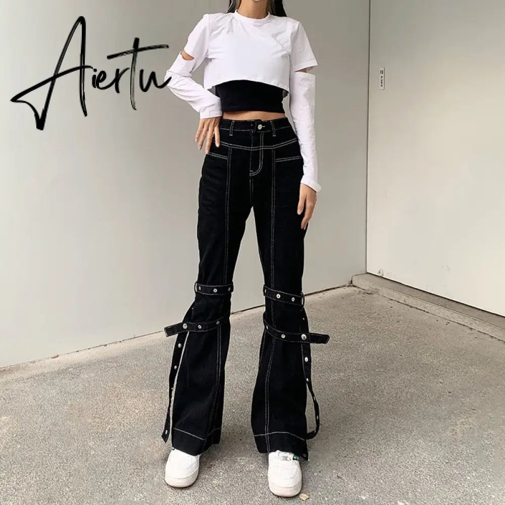 Aiertu Emo Punk Chain Pants Black Denim Woman Gothic Alt Clothes Y2k Streetwear Vintage Straight Pants Pockets High Waist Trousers Aiertu