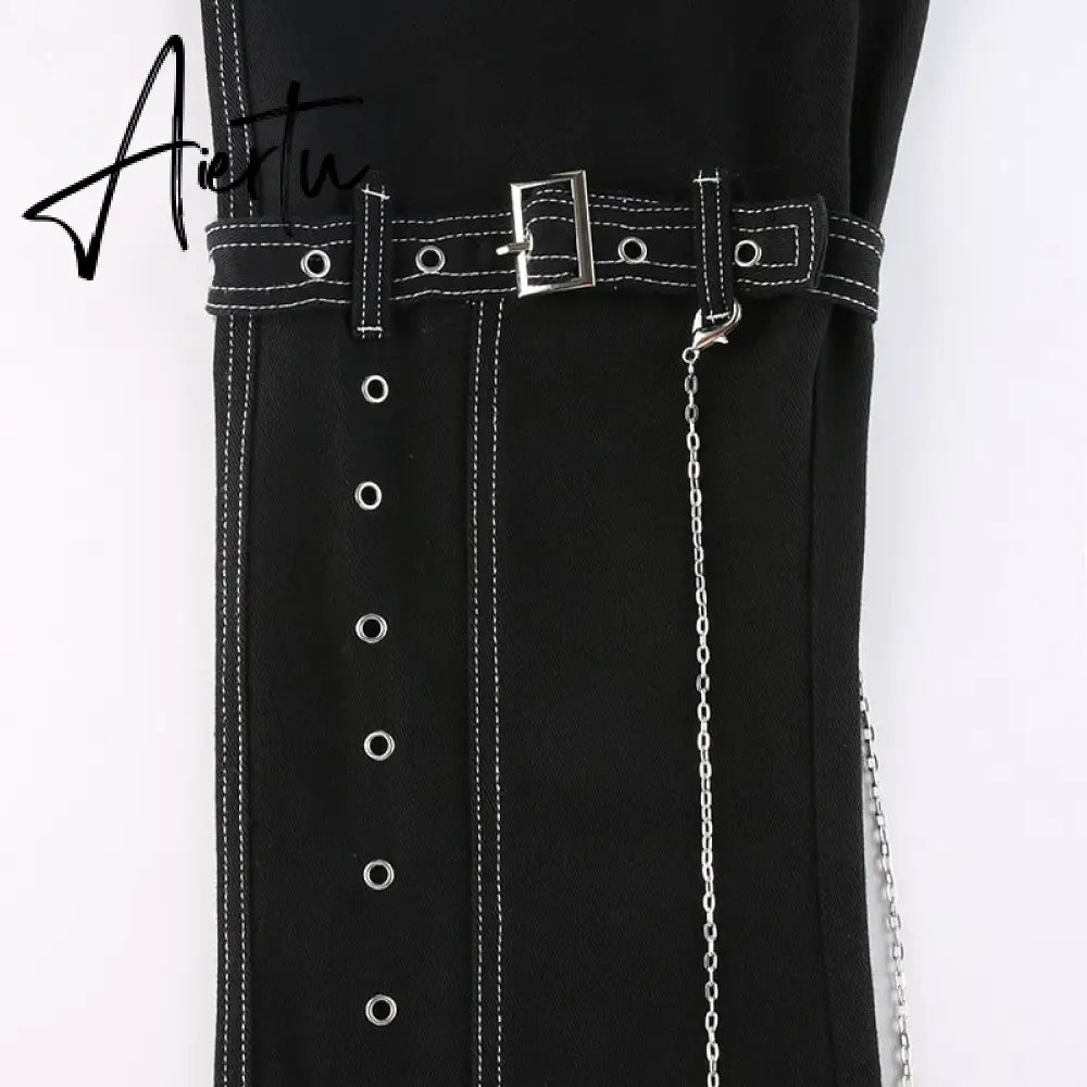 Aiertu Emo Punk Chain Pants Black Denim Woman Gothic Alt Clothes Y2k Streetwear Vintage Straight Pants Pockets High Waist Trousers Aiertu