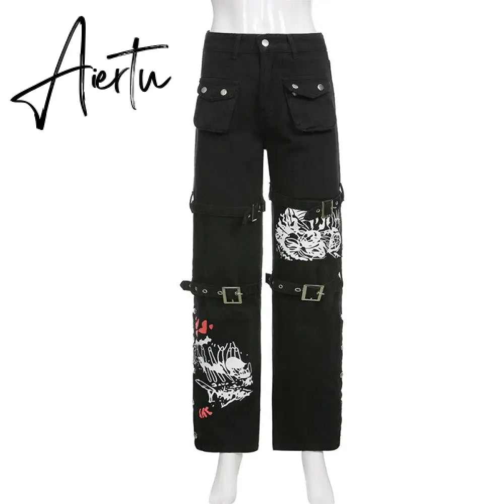Aiertu Emo Punk Chain Pants Black Denim Woman Gothic Alt Clothes Y2k Streetwear Vintage Straight Pants Pockets High Waist Trousers Aiertu