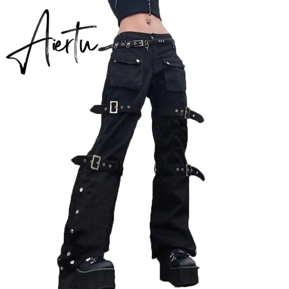 Aiertu Emo Punk Chain Pants Black Denim Woman Gothic Alt Clothes Y2k Streetwear Vintage Straight Pants Pockets High Waist Trousers Aiertu