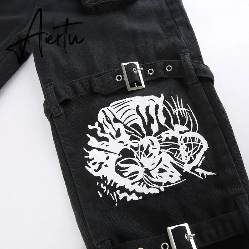 Aiertu Emo Punk Chain Pants Black Denim Woman Gothic Alt Clothes Y2k Streetwear Vintage Straight Pants Pockets High Waist Trousers Aiertu