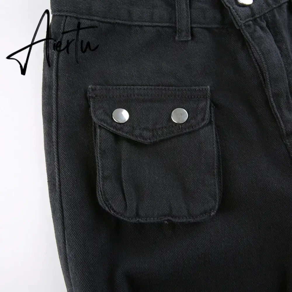 Aiertu Emo Punk Chain Pants Black Denim Woman Gothic Alt Clothes Y2k Streetwear Vintage Straight Pants Pockets High Waist Trousers Aiertu