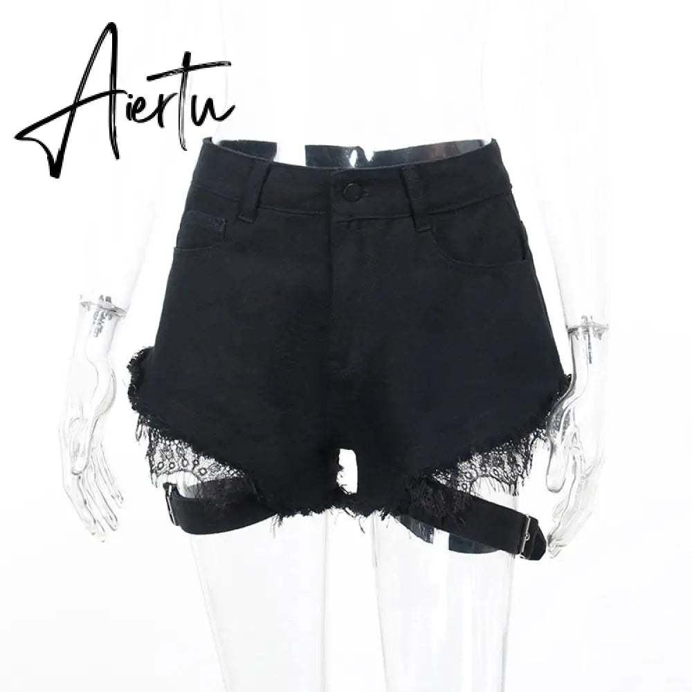 Aiertu Emo Punk Chain Pants Black Denim Woman Gothic Alt Clothes Y2k Streetwear Vintage Straight Pants Pockets High Waist Trousers Aiertu