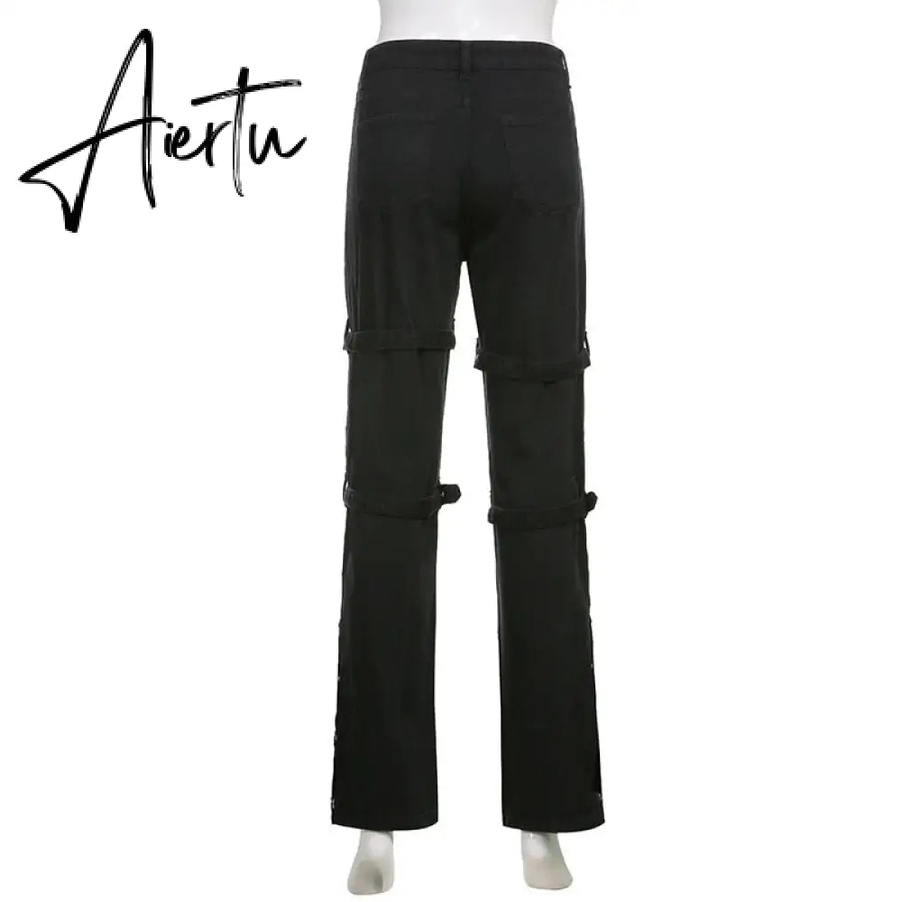 Aiertu Emo Punk Chain Pants Black Denim Woman Gothic Alt Clothes Y2k Streetwear Vintage Straight Pants Pockets High Waist Trousers Aiertu